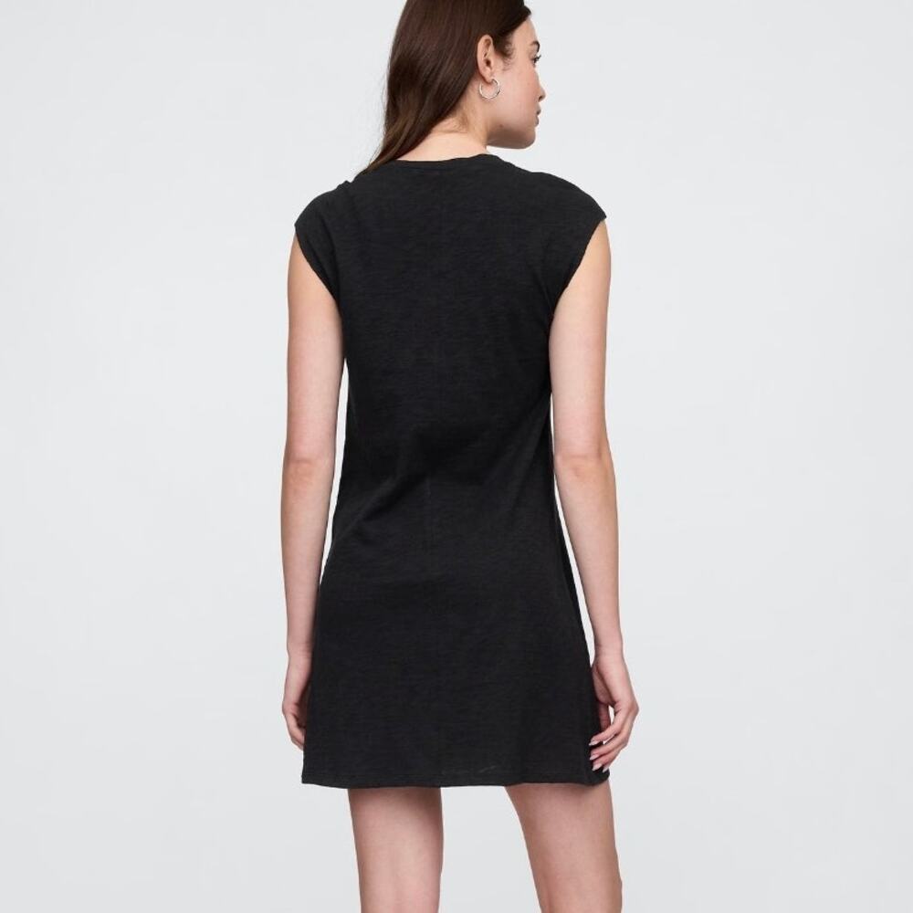 NWT‎ Gap Slub Tie Sleeve T-Shirt Mini Dress Black Size XS Knot Open Minimalist - Picture 2 of 11